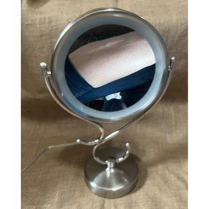 Conair T7766 Silver Pedestal Cosmetic Lighted Mirror with USB Charger and Magnif